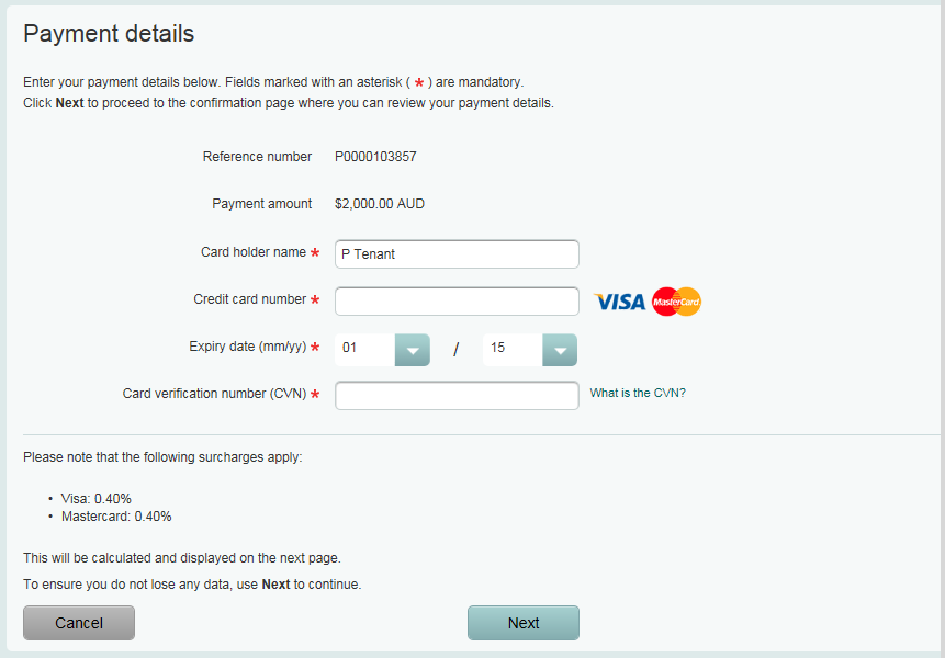 screen shot of payment via Quickweb